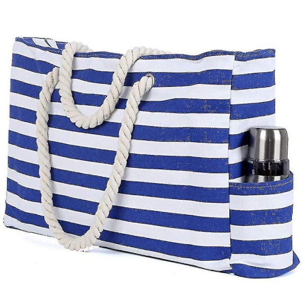 Strandtaske med stor kapacitet, håndtag af bomuldsreb, strandtaske med blå striber i kanvas, inklusive inderlomme