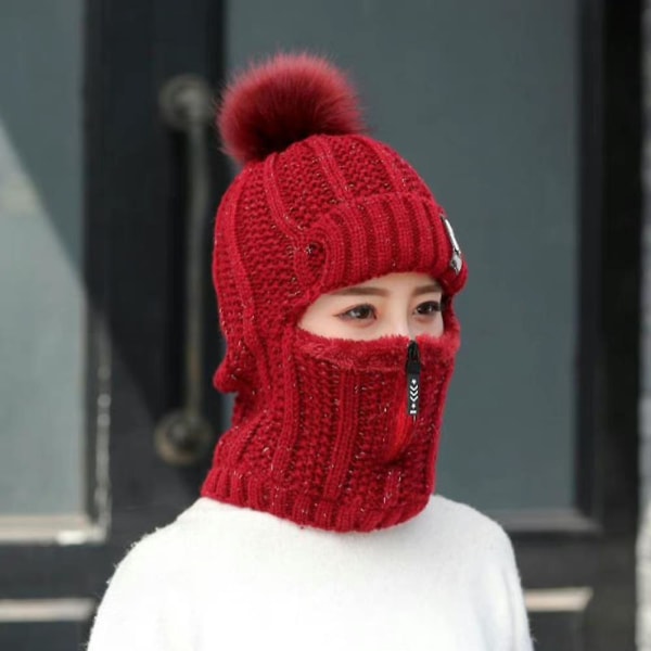 Kvinder strikket beanie hat lynlås hals Fluffy varm kasket hoved ørebetræk med pom poms til udendørs sne ski Wine Red