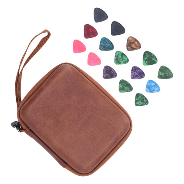Guitar Pick Bag Set Celluloid Picks Förvaringsväska Hållare Fodral PU Läder för instrumenttillbehör Brun