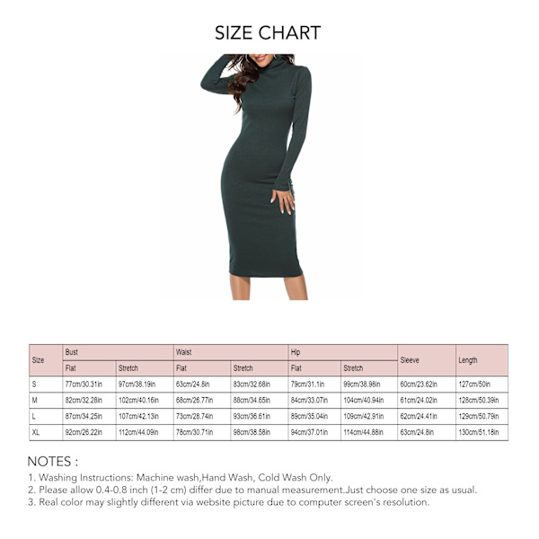 Dam turtleneck Ribbad långärmad stickad tröja klänning Basic Enfärgad Elastisk Slim Fitting Mjuk Varm för Party Date Grön S