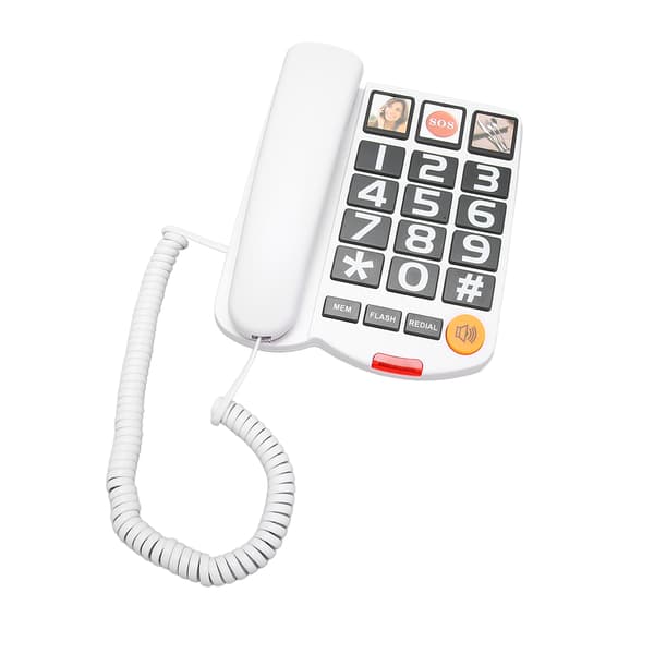 Telefon med store knapper, multifunksjon, ett-trykks oppringing, håndfri fasttelefon med høyttaler for eldre, hvit