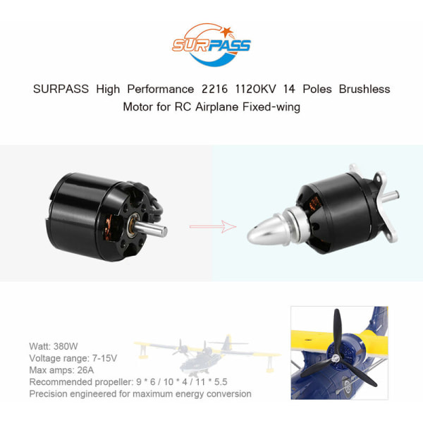 Alkuperäinen SURPASS High Performance 2216 1120KV 14-napainen harjaton moottori kiinteäsiipiselle RC-lentokoneelle