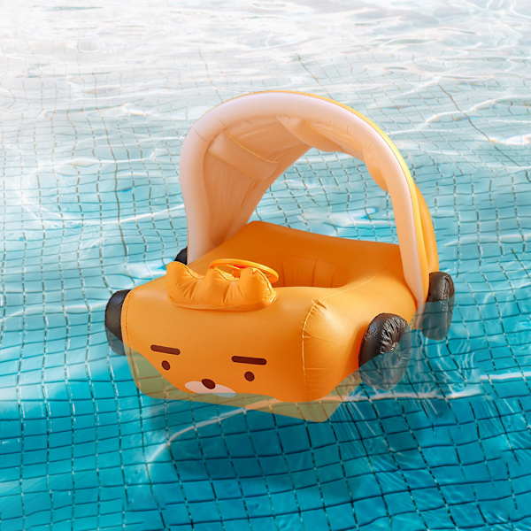 Baby Uppblåsbar Pool Float med Tak Solskydd Cartoon Bilformad Bebis Simring med Säkerhetsstol Ratten för Spädbarn Sommar Strand Utomhus Lek