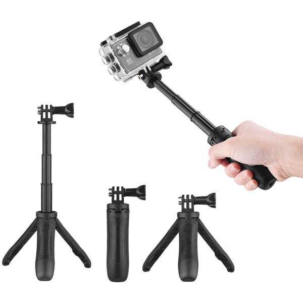 Mini Extension Selfie Stick Stativ Håndgreb til GoPro Hero 3/5/4/3+3 til Yi Lite/4k/4k+ til SJCAM/Andoer/AKASO sportsactionkamera, model: Sort
