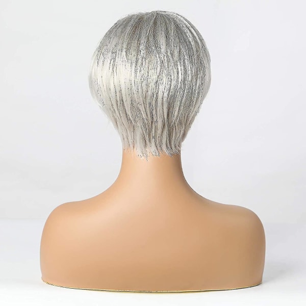Lyhyet hopeanharmaat ihmishiusperuukit naisille, luonnollinen hiuksinen Pixie Cut peruukki, kevyt/hengittävä/pehmeä (väri 101)