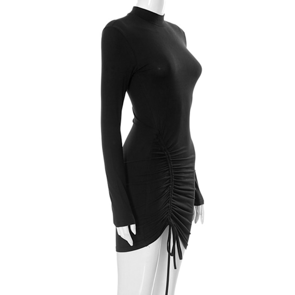 Kvinders Ruched Bodycon Kjole Fashionabel Elegant Ren Farve Langærmet Kjole med Snøre til Julefest Sort L