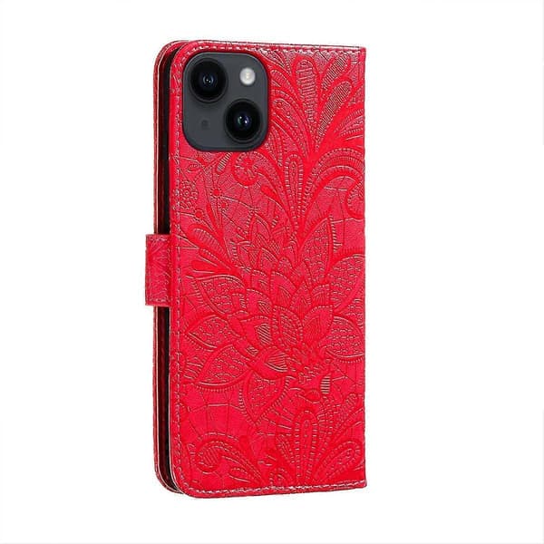 【NX】Spetsblomma Läderfodral Kompatibel med iPhone 15 Plus Red