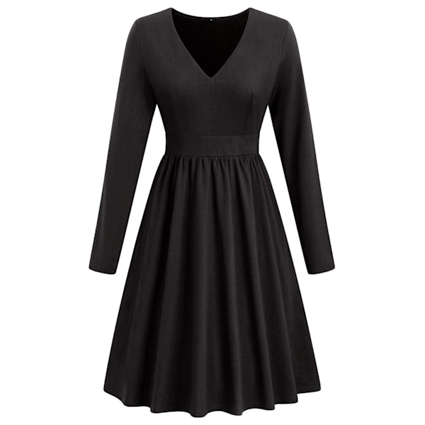 Kjole med V-hals og høy midje, lang ermet, draperte, bodycon, ensfarget, knelang, for kvinner, svart L