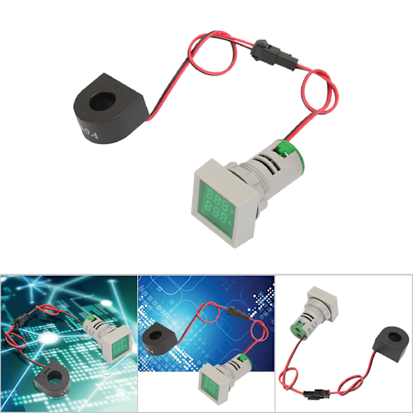 2 i 1 LED-indikatorlampe Mini Digital Display Amperemeter/Voltmeter firkantet signallys (grønn)