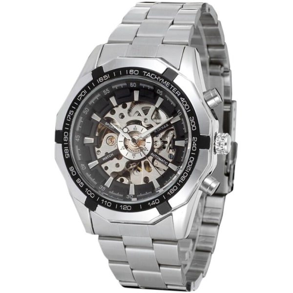 Automatisk mekanisk watch för män med stålband, moderiktigt armbandsur, ihåliga designklockor, modell: svart