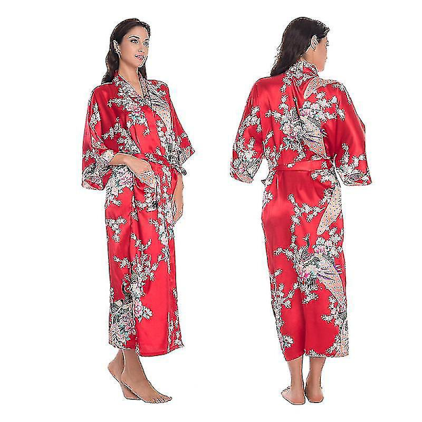 Rød Blomster Satin Kimono Morgenkåbe - Kvinders Bryllups Morgenkåbe Nattøj