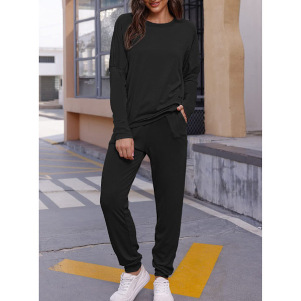 Dam 2-delad outfit Lös Stretchig Snygg långärmad tröja Byxa Höst Loungewear Pyjamas Set Svart XL
