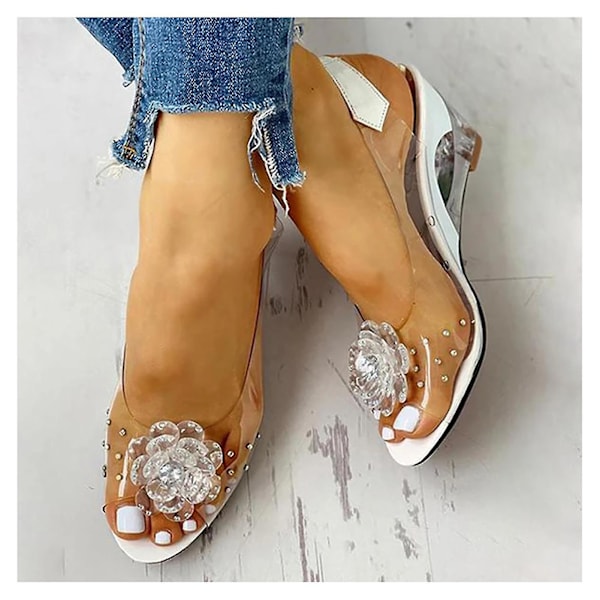 Flower Design Rhinestone Wedge Sandals - White