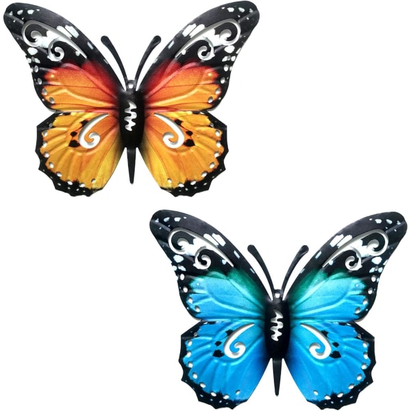 2 stykker metall sommerfugl, 3D sommerfugl veggkunst hengende dekorasjon, sommerfugl skulpturer dekor
