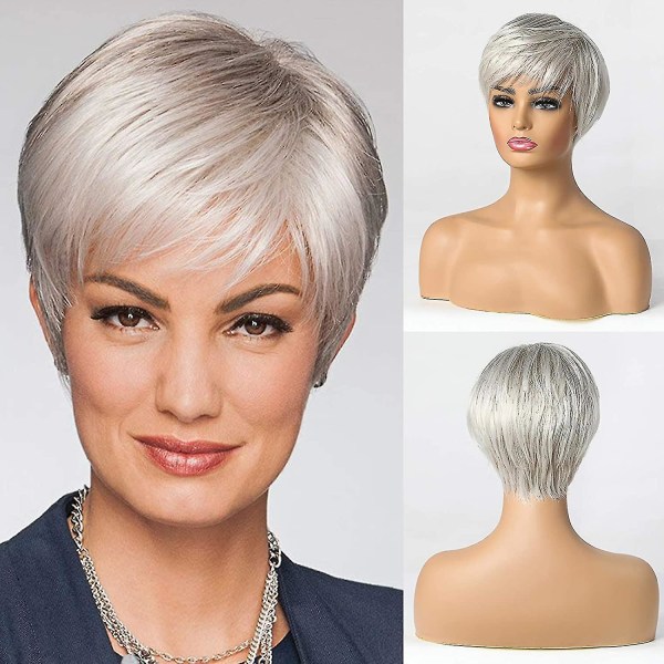 Kort silvergrått människohårblandning peruker for kvinder, naturligt hår Pixie Cut Peruk, lätt/andas/mjuk (farve 101)