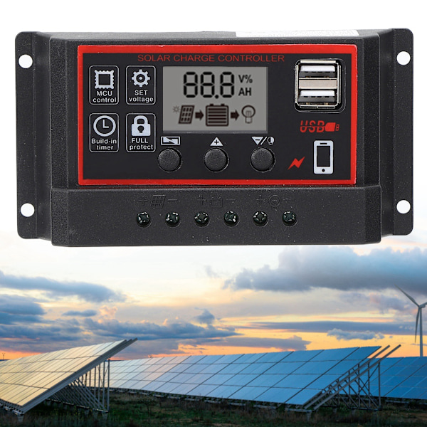 LCD Solcelleladningsregulator 5V /2.5A Dobbelt USB PWM Cellepanel Regulator Automatisk Identifikation 12V 24V10A
