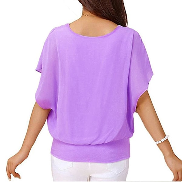 Løs, avslappet T-skjortebluse i chiffon med flaggermusarmer i lilla for kvinner