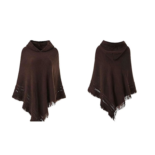 Vinter Dam Överdimensionerad Stickad Poncho Cape med Huva - Kaffe