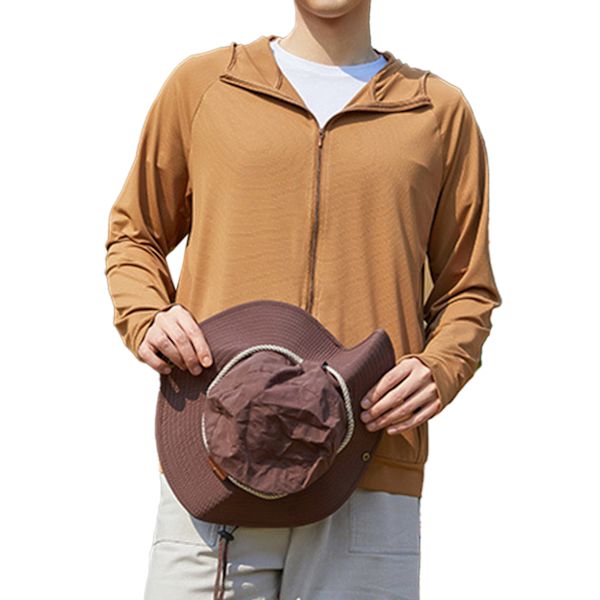 Män UPF 50+ Solskydd Lättvikts Full Zip Hoodie Jacka Långärmad Solskydd Jacka för Fiske Vandring Utomhus Brun XL