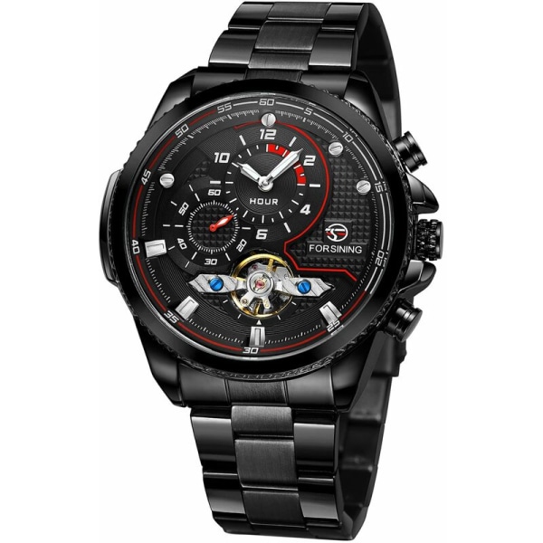 Forsining Automatisk mekanisk watch för män med stålband Watch 3ATM-klockor i ihålig design, modell: svart