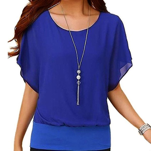 Blå Chiffon Fladdermusärm Topp för Kvinnor - Lös Passform Casual T-shirt