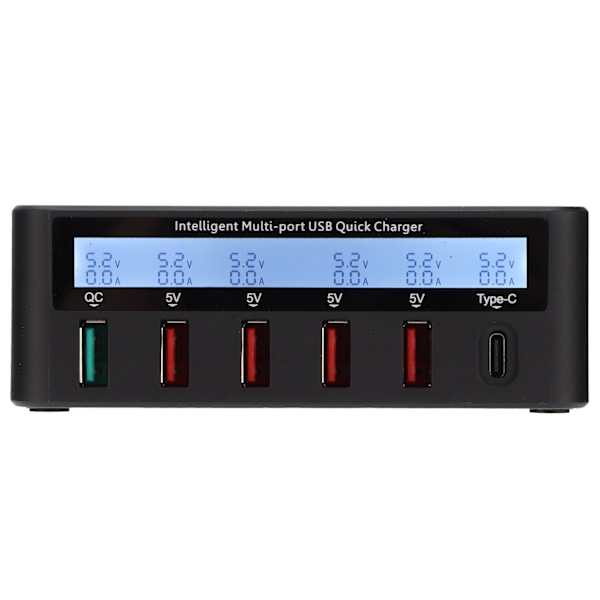 USB-telefonopladerblok 40W 6-ports QC 3.0 Opladningshub Trådløs opladningsbase med LCD Dispaly 100‑240V Sort US-stik