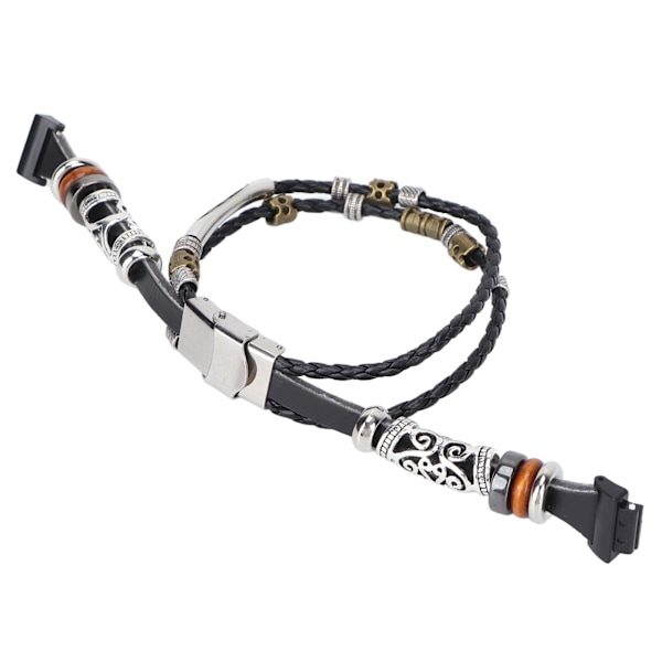 Lærrembånd med perler Armbåndsrem Retro flettet armbåndsbytte for Fitbit Inspire Svart