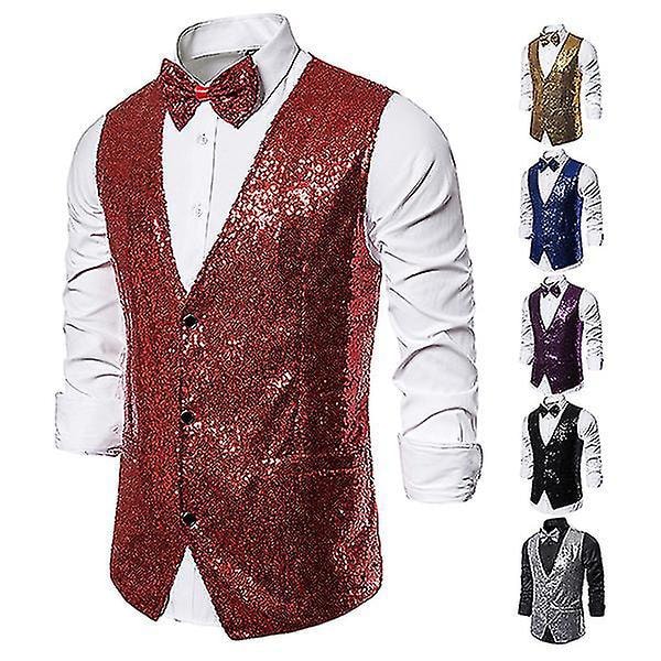 Rød Sequin V-Hals Mænds Festkjole Suit Vest 2XL