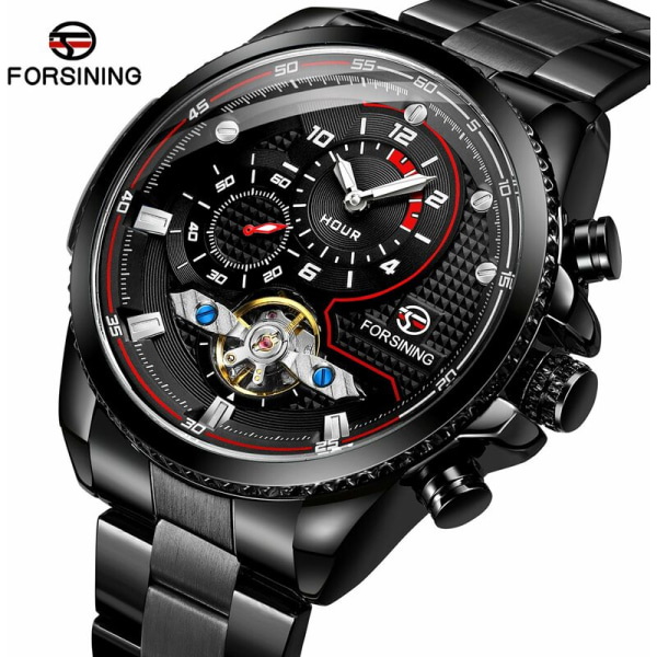 Forsining Automatisk mekanisk watch för män med stålband Watch 3ATM-klockor i ihålig design, modell: svart