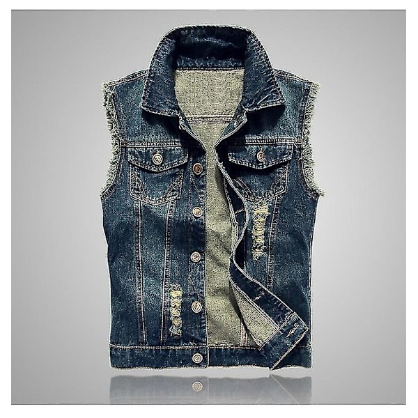 Men's Slim Fit Ripped Denim Vest in Navy Blue