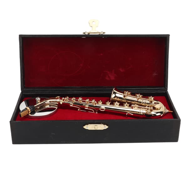 Miniatyr Altsaksofon Replika med Stativ og Etui Mini Saksofon Musikkinstrument Dukkehus Modell Ornament 16 cm