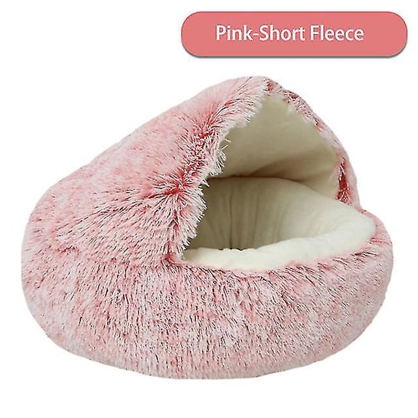 2-i-1 Hætteformet Vintervarm Katte- og Hunde seng, Rund Blød Lang Plys Dyre Hule til Små Hunde & Katte - Pink 50cm
