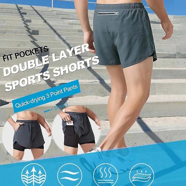 Herre Hurtigtørkende Dobbeltlags Sports Shorts, Blå, 2XL