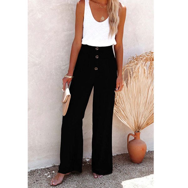 Kvinnor Byxor med vida ben Knäppning Byxor Hög midja Rygg Elastiskt midjeband Casual Bottoms for Daily Life Holiday Date Black S