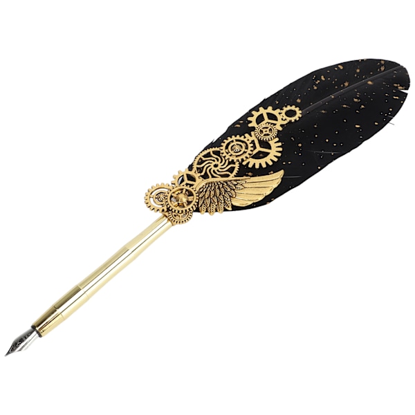 Fjerpen Business Fire Lak Stæmplet Europæisk Retro Stil Sprøjt Guld Fjer Rustfrit Stål Dip Pen Sæt med Blækpose Sort