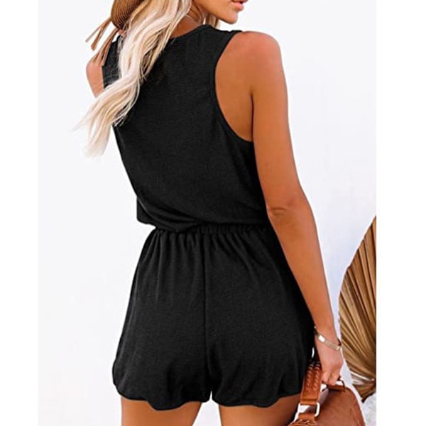 Sommer ærmeløs Romper Dame Casual Scoop Neck Knap Ned Midje Bånd Linned Jumpsuit med Lomme Sort S