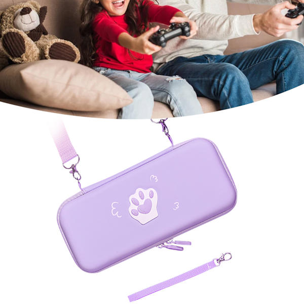 Söt Cat Paw Bärväska PU-läder hårt skyddande skydd med axelrem och handrep för Switch Spelkonsol Lavendel Lila