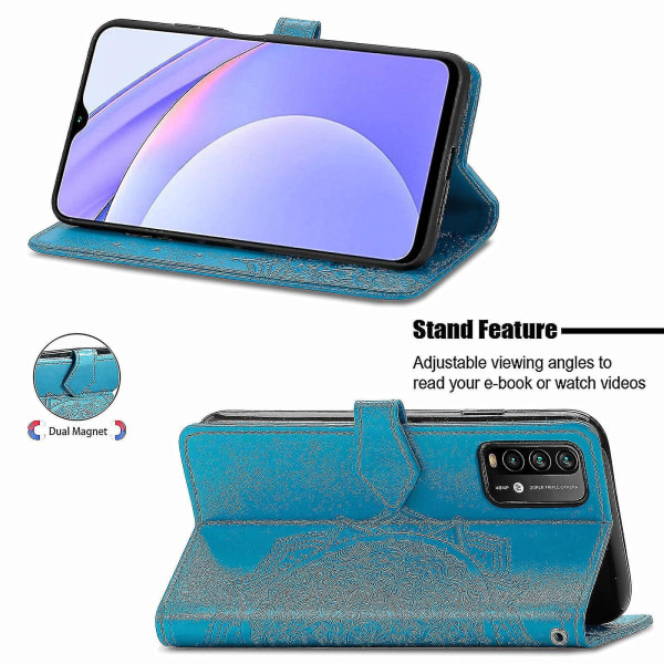 Xiaomi Redmi 9t/9 Power Case Nahkainen Lompakon Cover Kohokuvioitu Mandala Magneettinen Flip Protection Iskunkestävä - Sininen