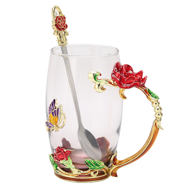 Blomma tekopp Emalj Craft kaffemugg Värmebeständig med skedduk för födelsedag FestivalRöd Rose 350ml