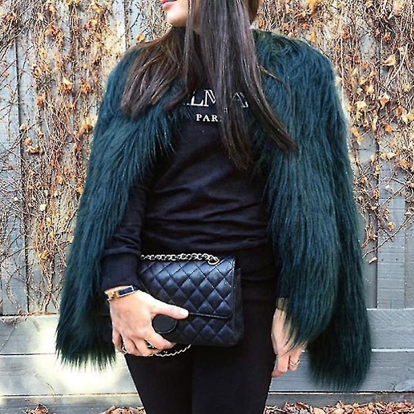 Luxury Dark Green XL Women's Fluffy Faux Fur Coat Jacket