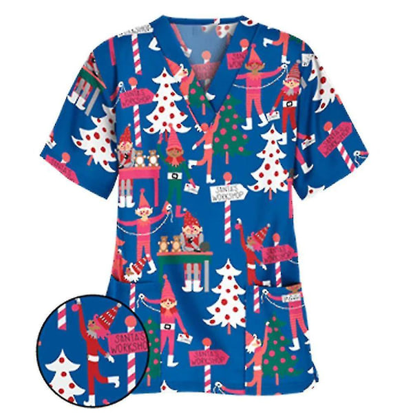 Jul Kvinder Sygepleje Uniform Scrub Kortærmet T-shirt Xmas Bluse Tee Tops Xmas Tree Blue 2XL