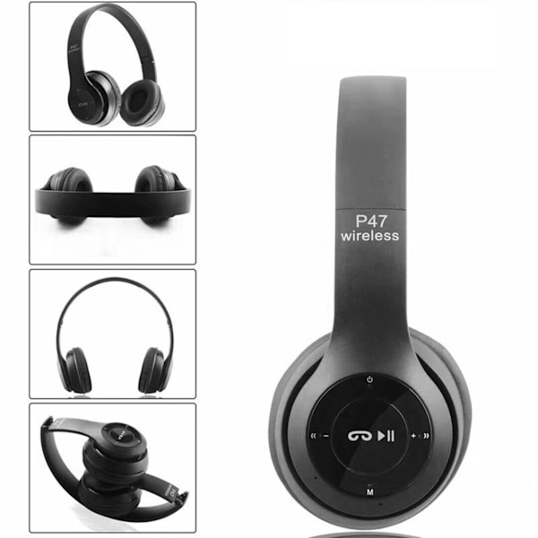 P47 Bluetooth Headset Multifunktion Djup Bas Brusreducering Vikbara trådlösa sporthörlurar för hemmakontor Resor Svart