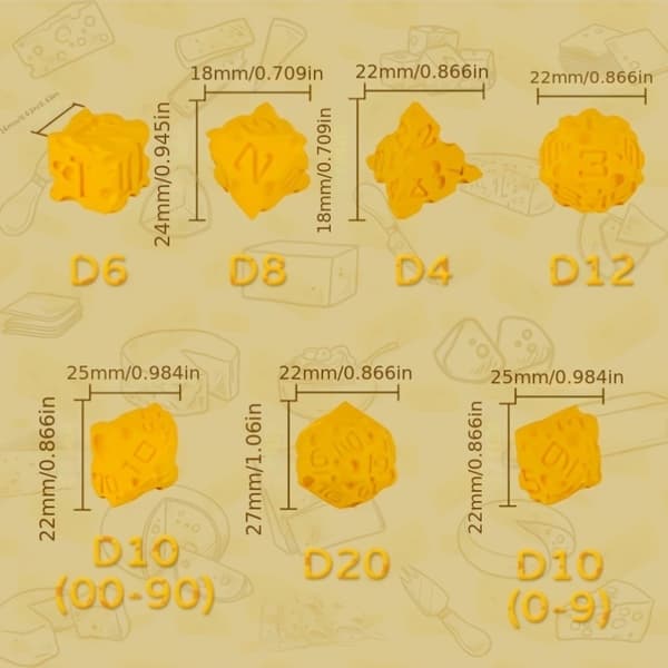 DND Ost Terningesæt med 7, med et alsidigt madtema, perfekt til Dungeons & Dragons, Pathfinder, bordrollespil og MTG. Cheese Dice