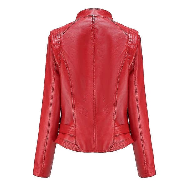 Dam All-Match Biker Zipper Slim Fit Kort Läderjacka Red S