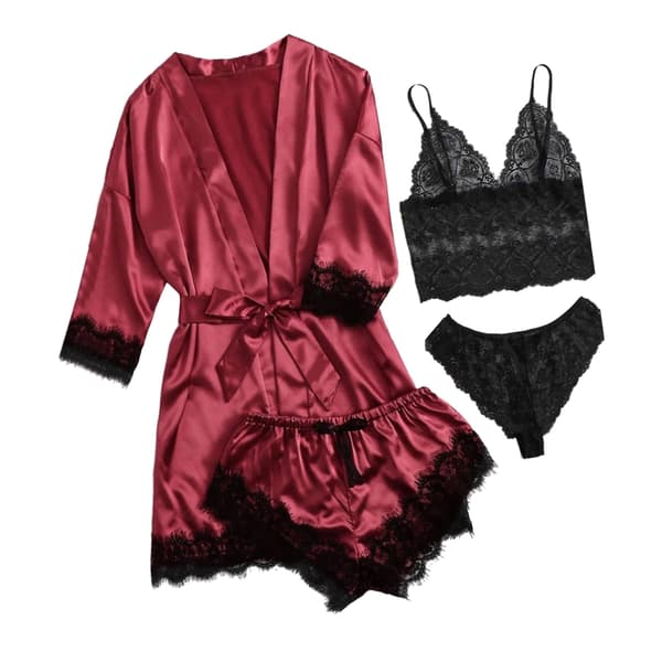 4st Kvinnor Satin Pyjamas Set Blommor Spets Trim Camisole Underkläder Sovkläder med Robe M Röd