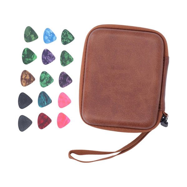 Guitar Pick Bag Set Celluloid Picks Förvaringsväska Hållare Fodral PU Läder för instrumenttillbehör Brun