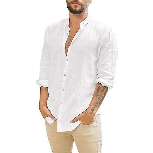 Men's White Linen Stand Collar Shirt, Casual Loose Fit Long Sleeve Top