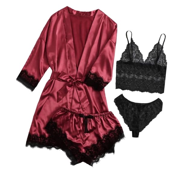 4st Kvinnor Satin Pyjamas Set Blommor Spets Trim Camisole Underkläder Sovkläder med Robe M Röd