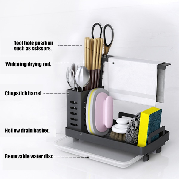 Oppvaskstativ Caddy Organizer 304 Rustfritt Stål Svamp Såpebørste Dispenser Holder med Klut Stativ Sugkopper Oppvaskstativ med Avløpsbeholder