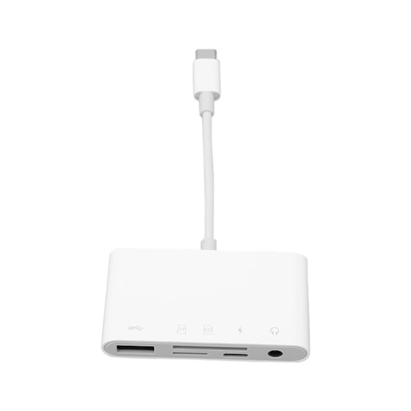 5-i-1 USB-C-hub med USB3.0-port, minneskortsläsare, typ C-laddningsport, 3,5 mm AUX-port, USB-hub-adapter